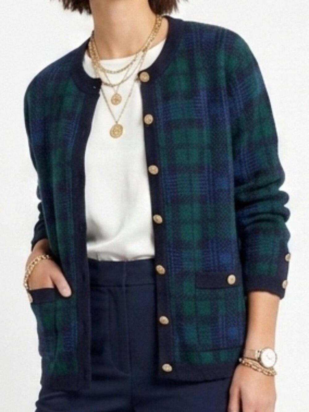 VINTAGE 80s Talbots Tartan Plaid Blue Green Cardigan Sweater Medium - Picture 1 of 14